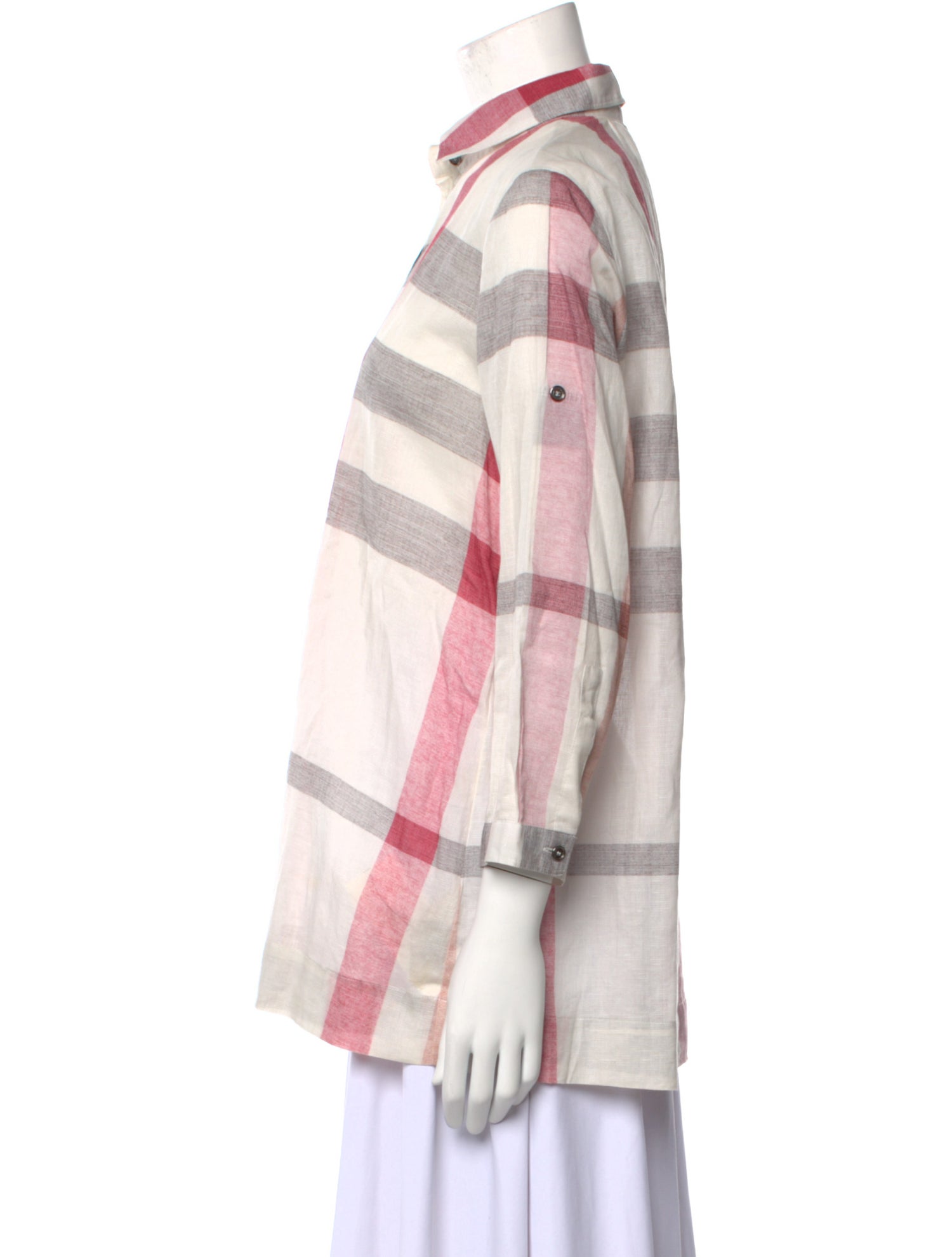 Burberry Brit Plaid Print Three-Quarter Sleeve Button-Up Top