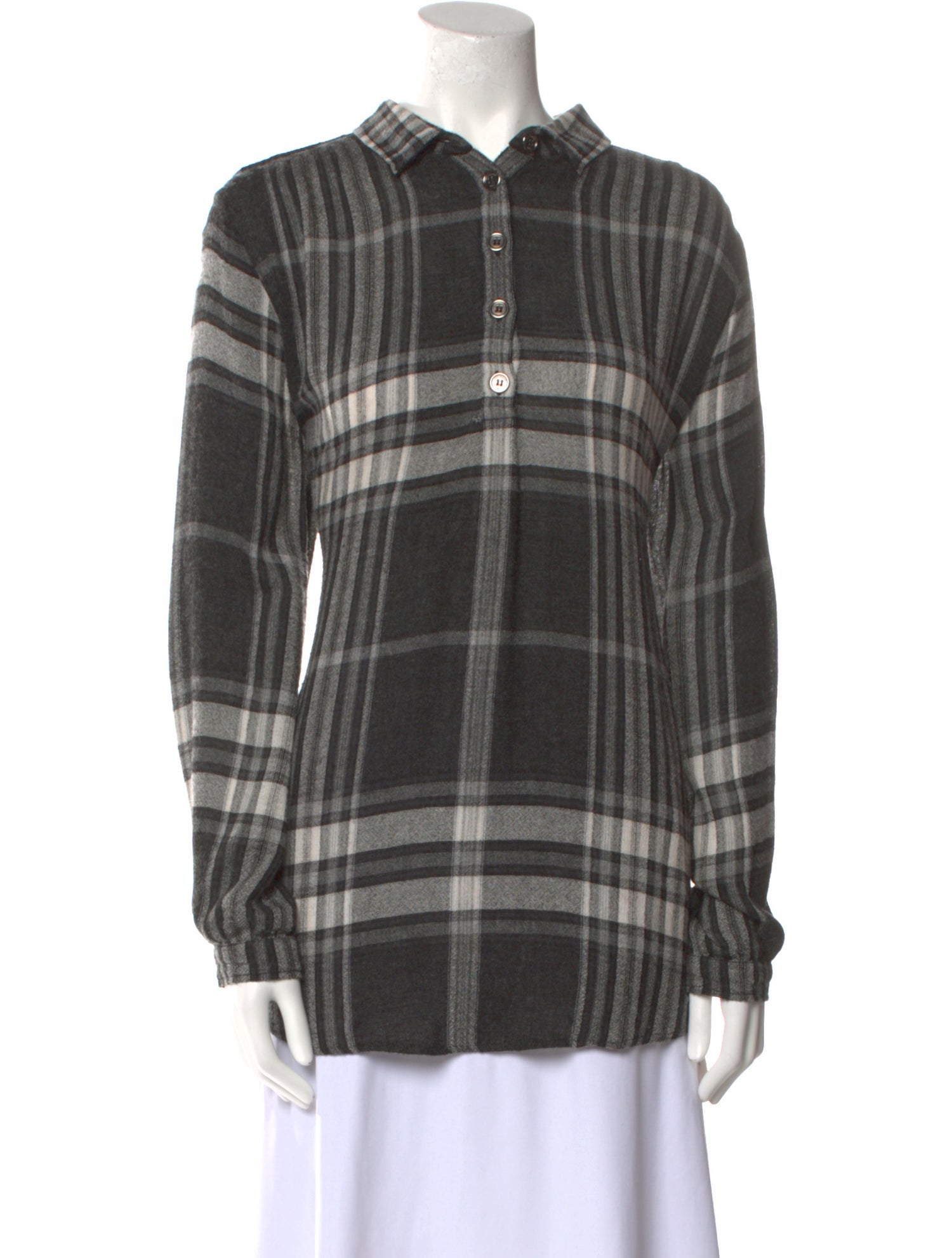 Burberry Brit Plaid Print Mock Neck Button-Up Top