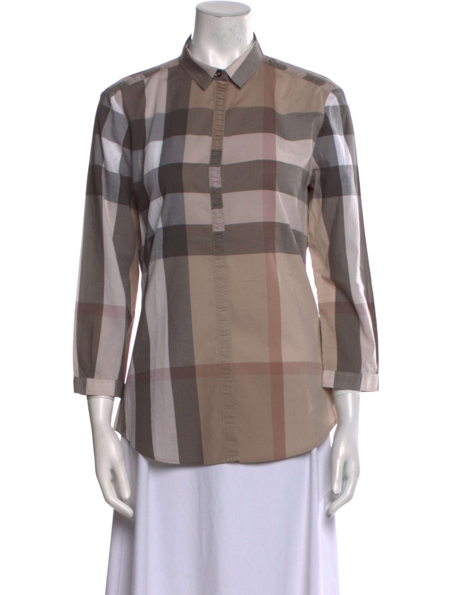 Burberry Brit Plaid Print Three-Quarter Sleeve Button-Up Top