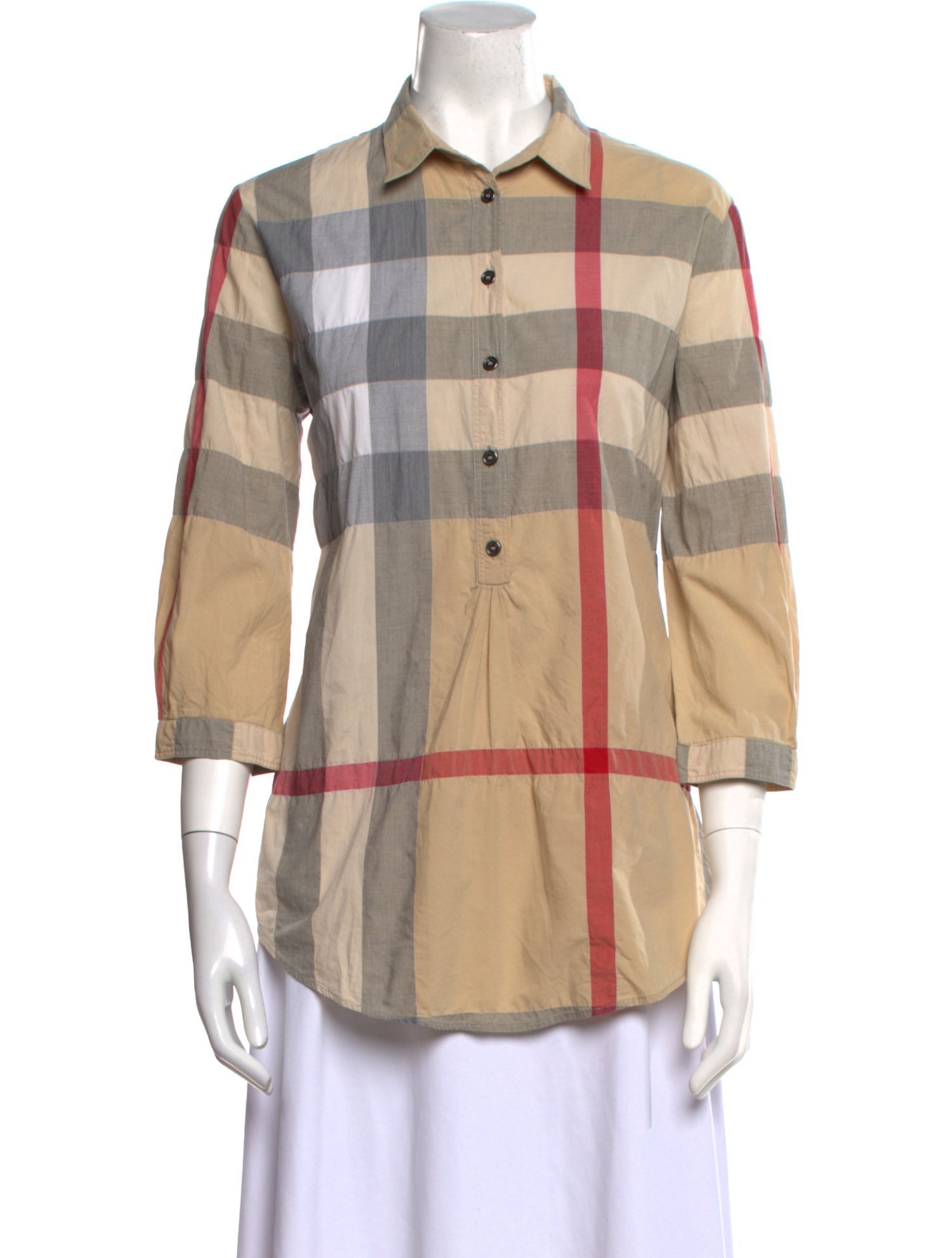 Burberry Brit Plaid Print Three-Quarter Sleeve Button-Up Top