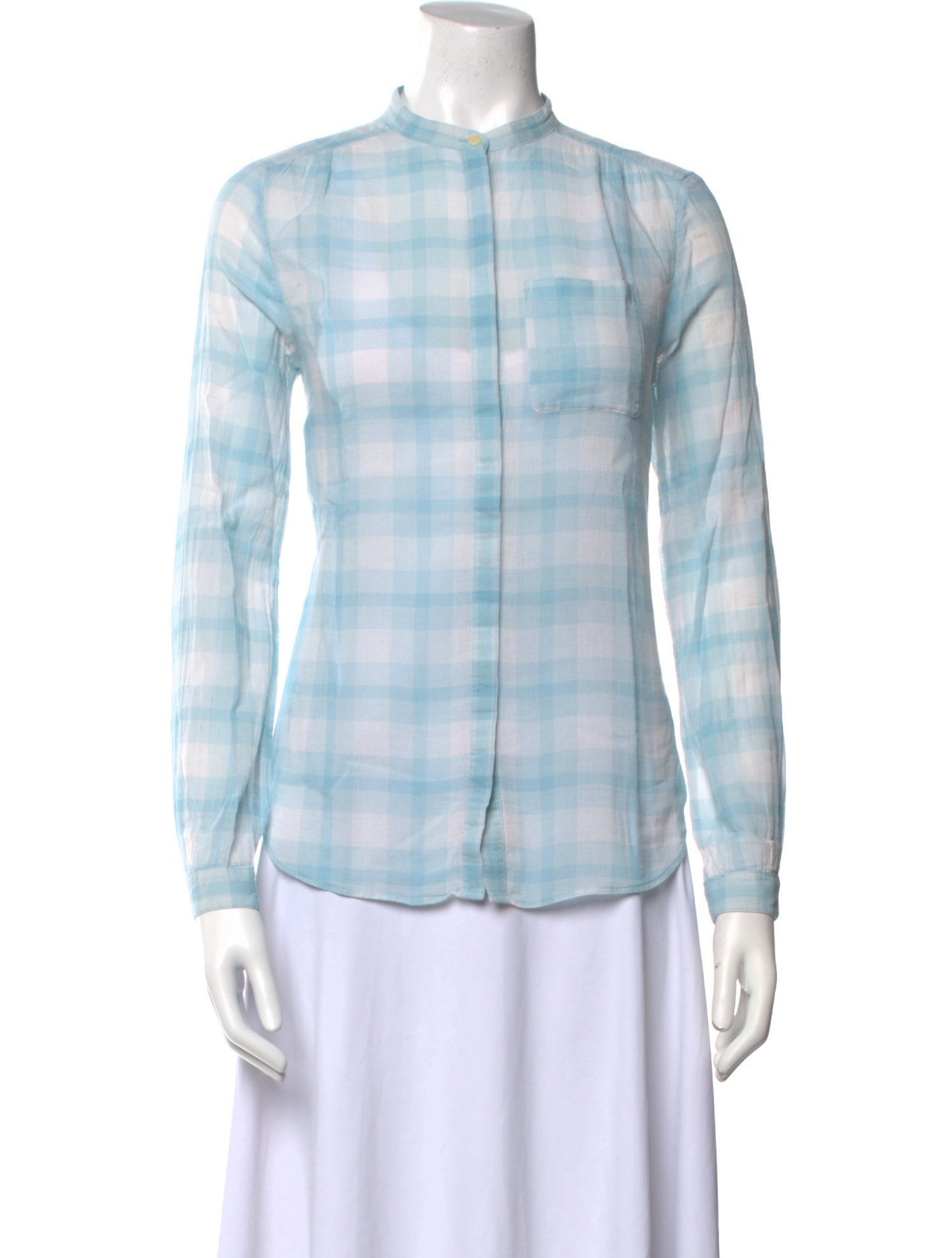 Burberry Brit Plaid Print Mock Neck Button-Up Top