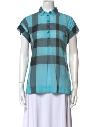Burberry Brit Plaid Print Short Sleeve Button-Up Top
