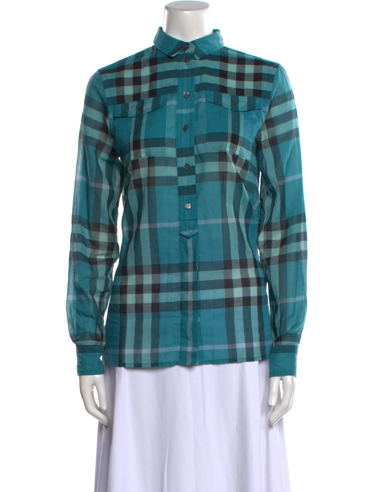 Burberry Brit Plaid Print Mock Neck Button-Up Top