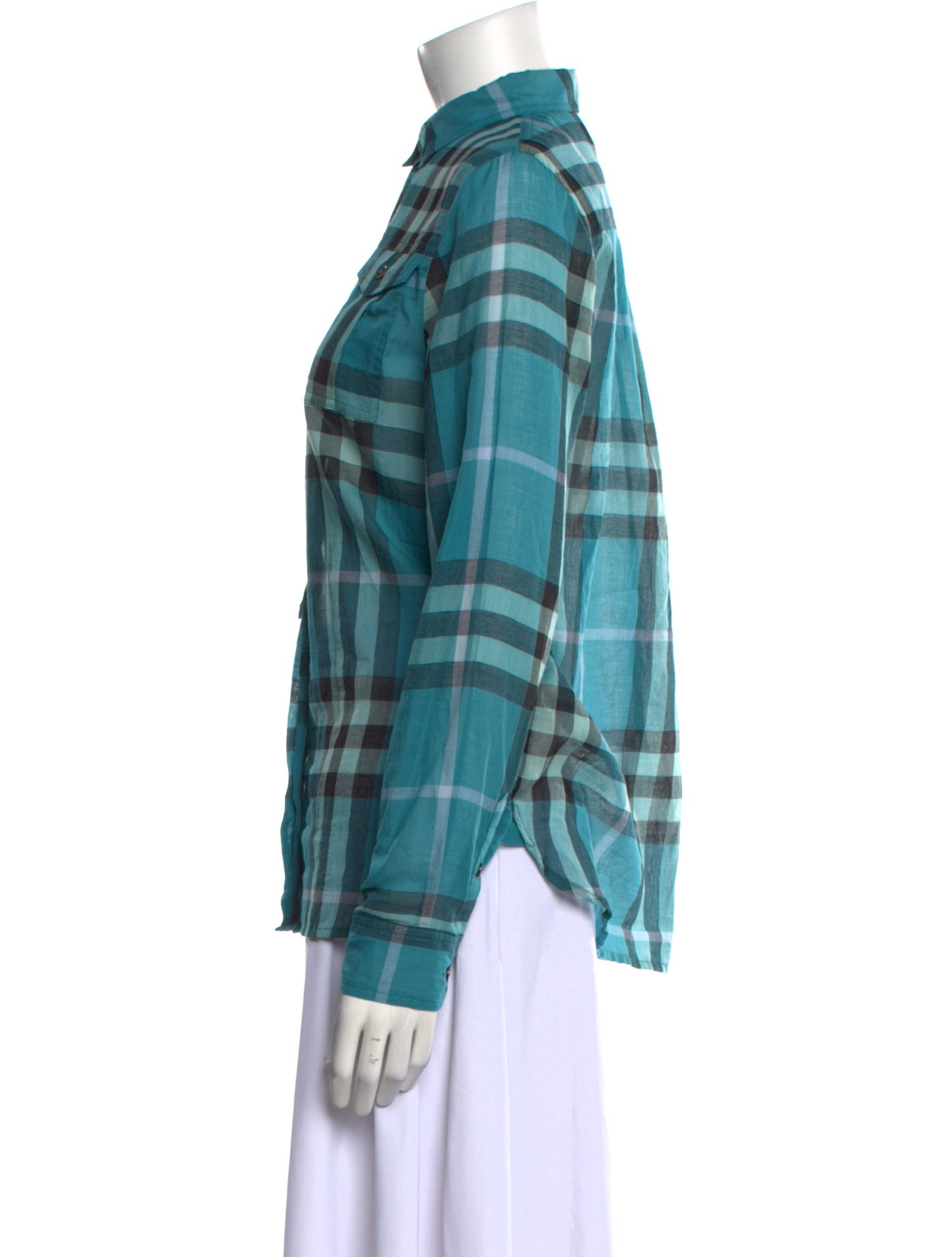 Burberry Brit Plaid Print Mock Neck Button-Up Top