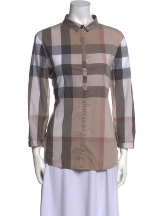 Burberry Brit Plaid Print Three-Quarter Sleeve Button-Up Top