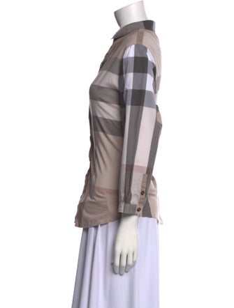 Burberry Brit Plaid Print Three-Quarter Sleeve Button-Up Top
