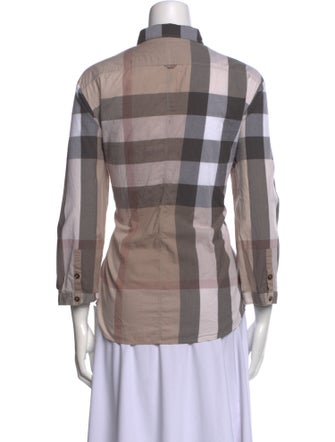 Burberry Brit Plaid Print Three-Quarter Sleeve Button-Up Top