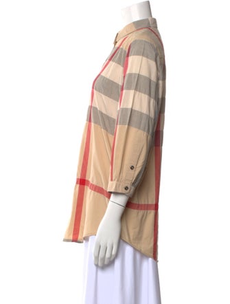 Burberry Brit Plaid Print Three-Quarter Sleeve Button-Up Top