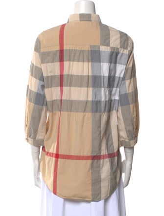 Burberry Brit Plaid Print Three-Quarter Sleeve Button-Up Top