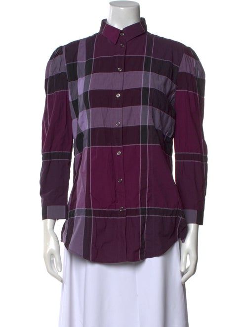 Burberry Brit Plaid Print Mock Neck Button-Up Top