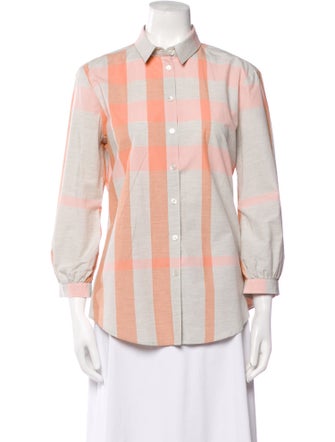 Burberry Brit Plaid Print Three-Quarter Sleeve Button-Up Top