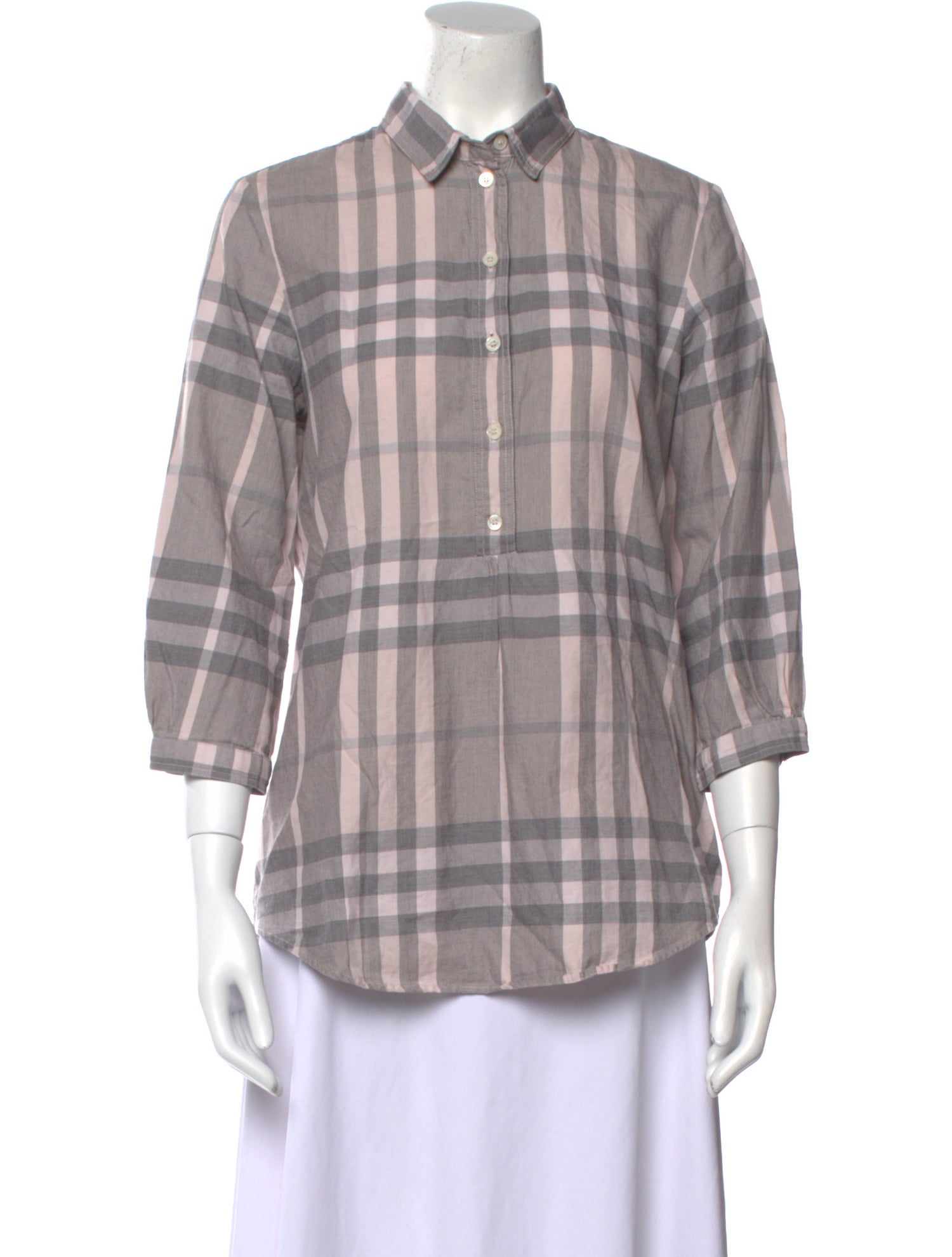 Burberry Brit Plaid Print Three-Quarter Sleeve Button-Up Top