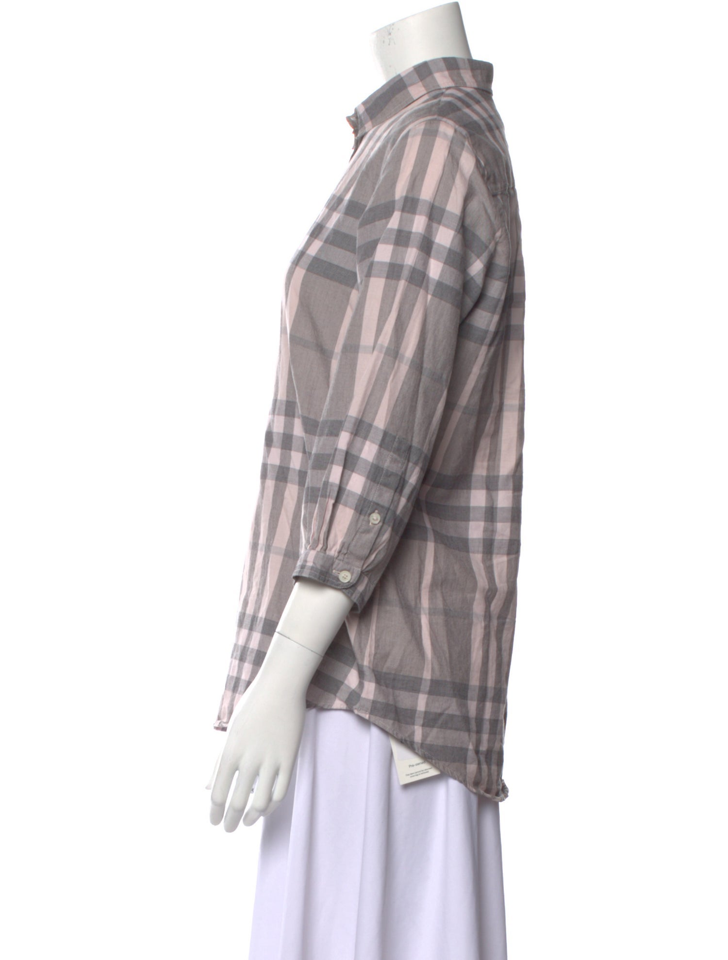 Burberry Brit Plaid Print Three-Quarter Sleeve Button-Up Top