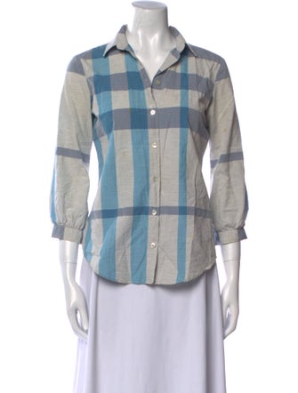 Burberry Brit Plaid Print Three-Quarter Sleeve Button-Up Top