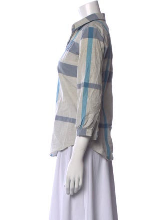 Burberry Brit Plaid Print Three-Quarter Sleeve Button-Up Top