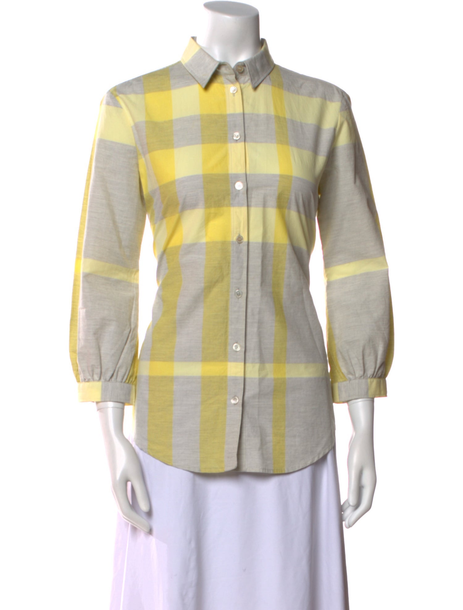 Burberry Brit Plaid Print Three-Quarter Sleeve Button-Up Top