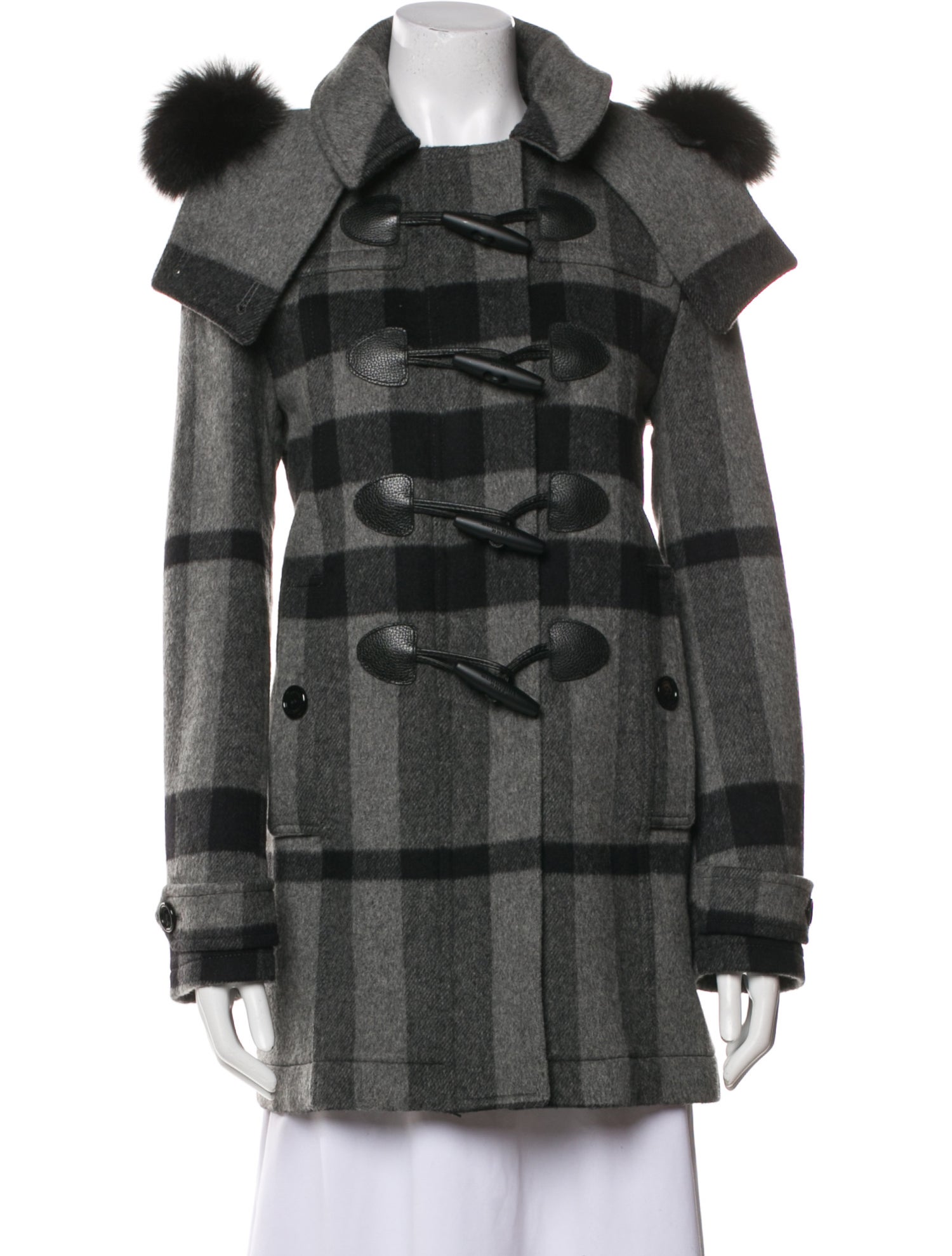 Burberry Brit Wool Plaid Print Fur Coat