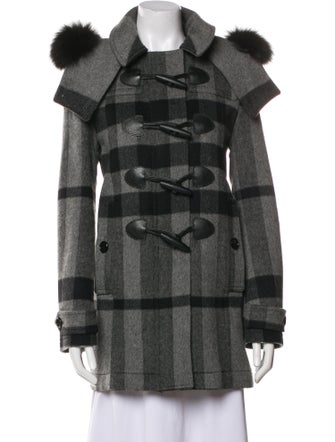 Burberry Brit Wool Plaid Print Fur Coat