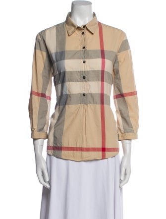 Burberry Brit Plaid Print Three-Quarter Sleeve Button-Up Top