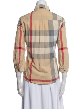 Burberry Brit Plaid Print Three-Quarter Sleeve Button-Up Top