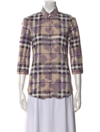 Burberry Brit Plaid Print Three-Quarter Sleeve Button-Up Top
