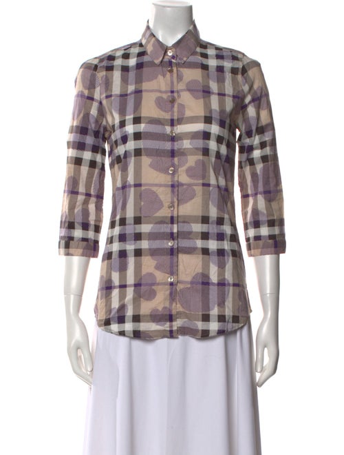 Burberry Brit Plaid Print Three-Quarter Sleeve Button-Up Top