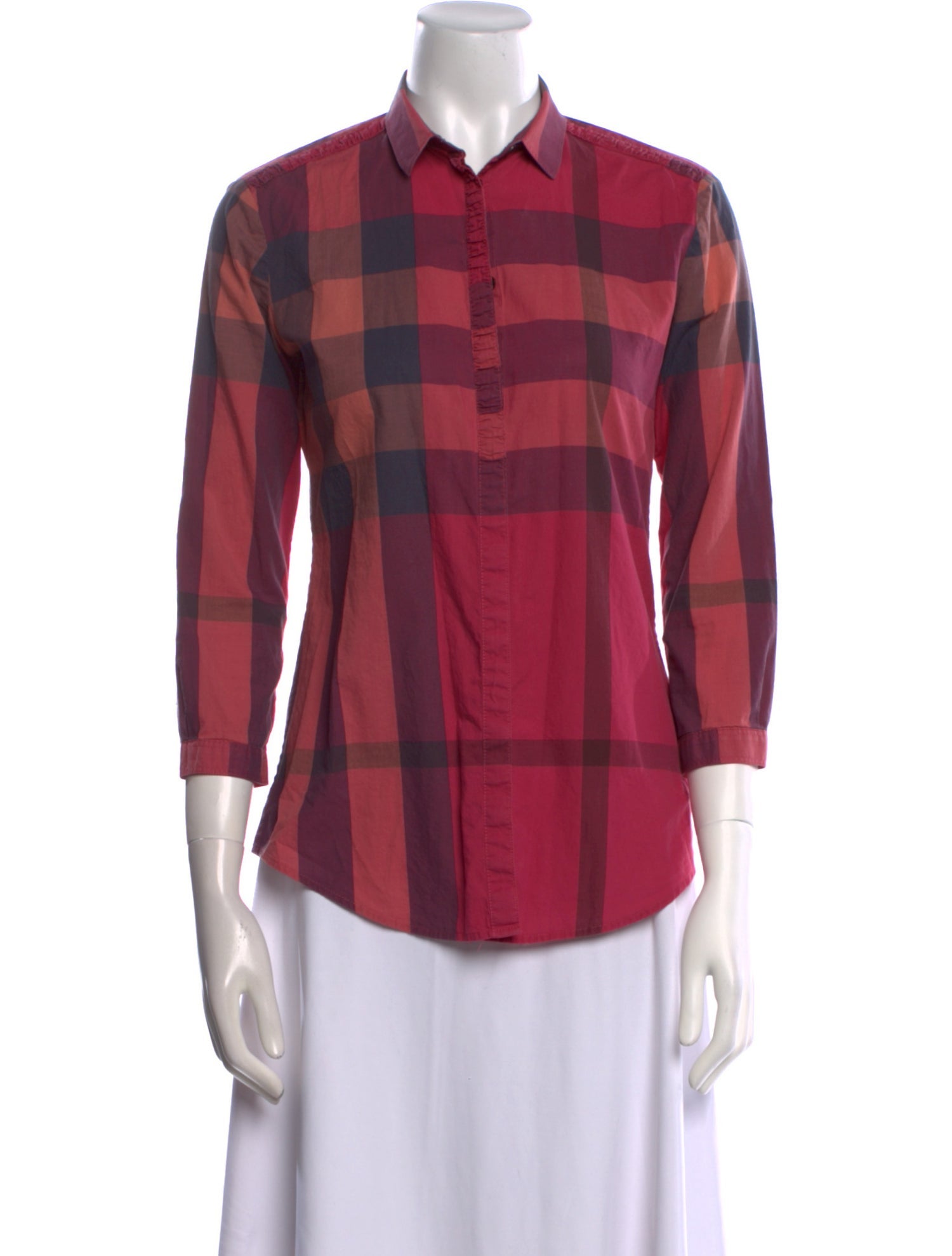 Burberry Brit Plaid Print Three-Quarter Sleeve Button-Up Top