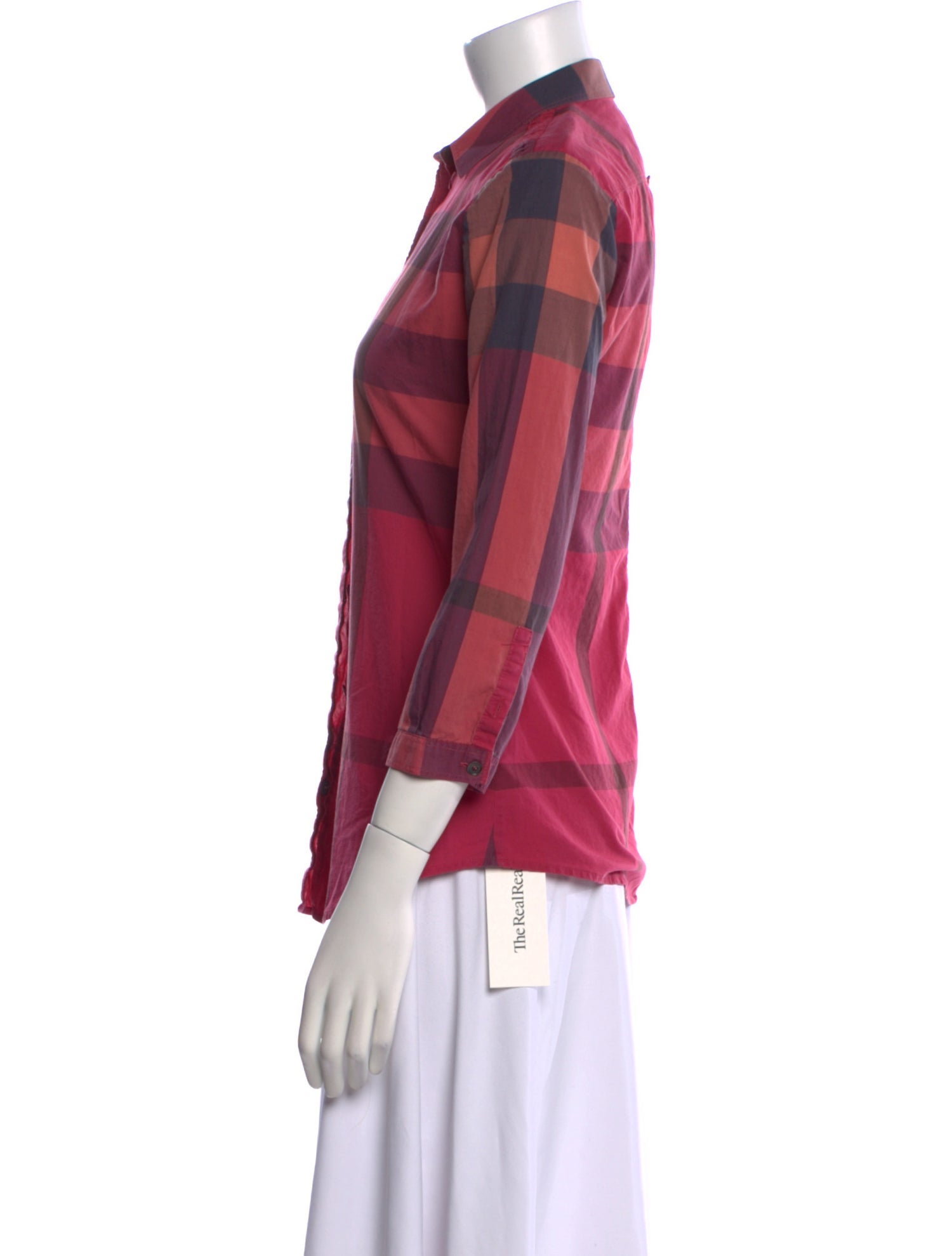 Burberry Brit Plaid Print Three-Quarter Sleeve Button-Up Top