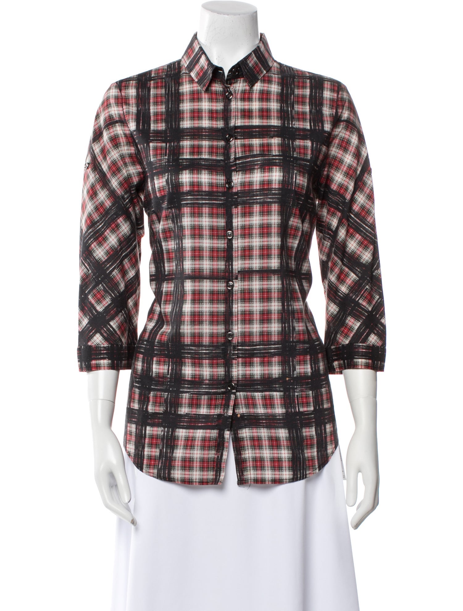 Burberry Brit Plaid Print Three-Quarter Sleeve Button-Up Top