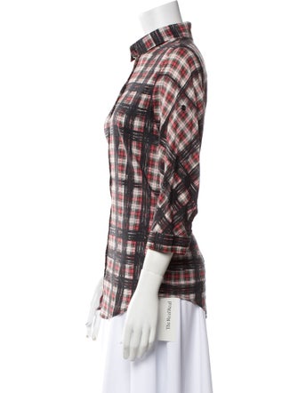 Burberry Brit Plaid Print Three-Quarter Sleeve Button-Up Top