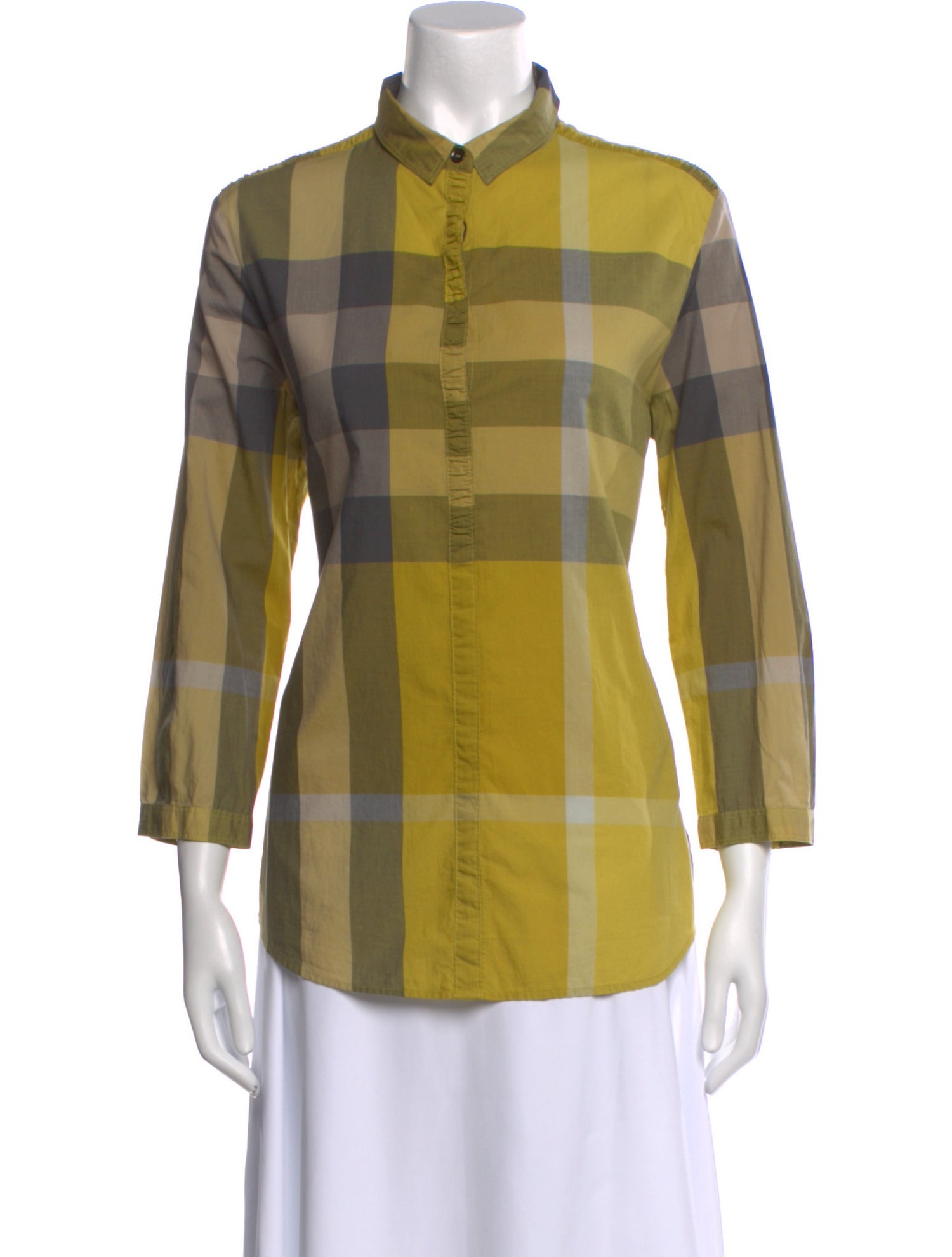 Burberry Brit Plaid Print Three-Quarter Sleeve Button-Up Top