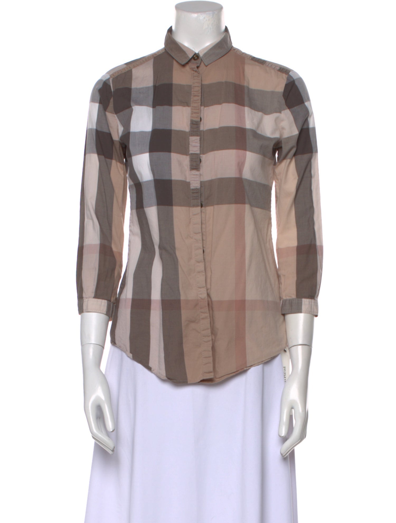 Burberry Brit Plaid Print Three-Quarter Sleeve Button-Up Top