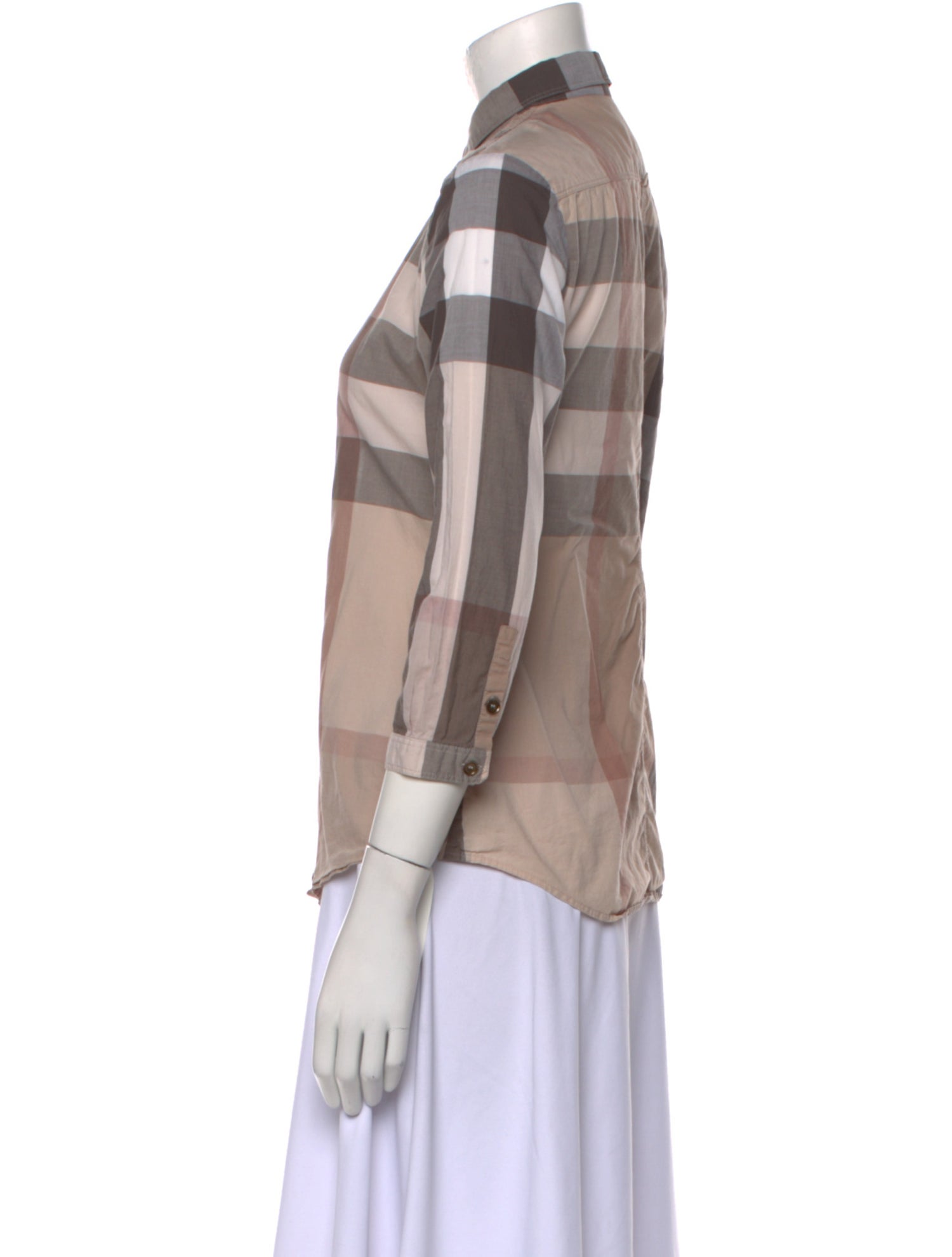 Burberry Brit Plaid Print Three-Quarter Sleeve Button-Up Top