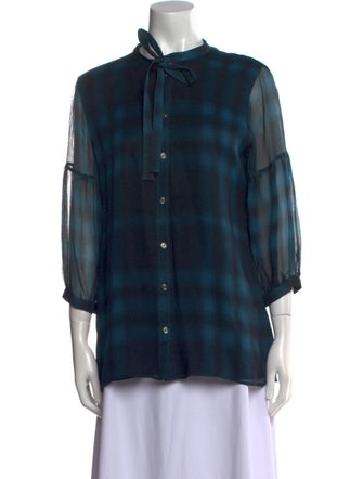 Burberry Brit Plaid Print Mock Neck Button-Up Top