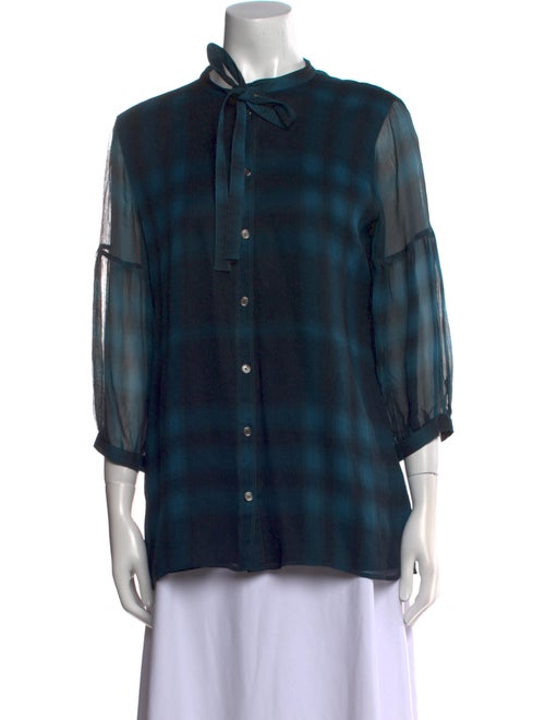 Burberry Brit Plaid Print Mock Neck Button-Up Top