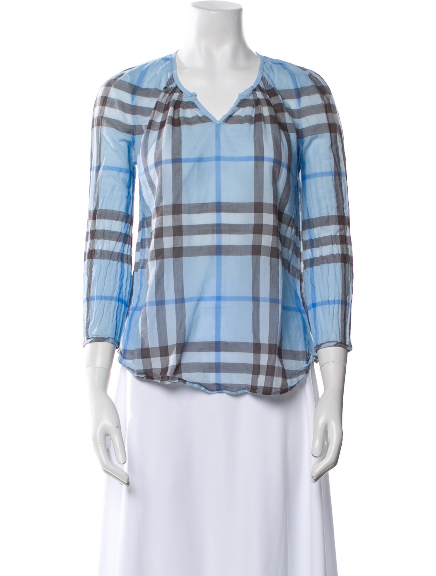 Burberry Brit Plaid Print V-Neck Blouse