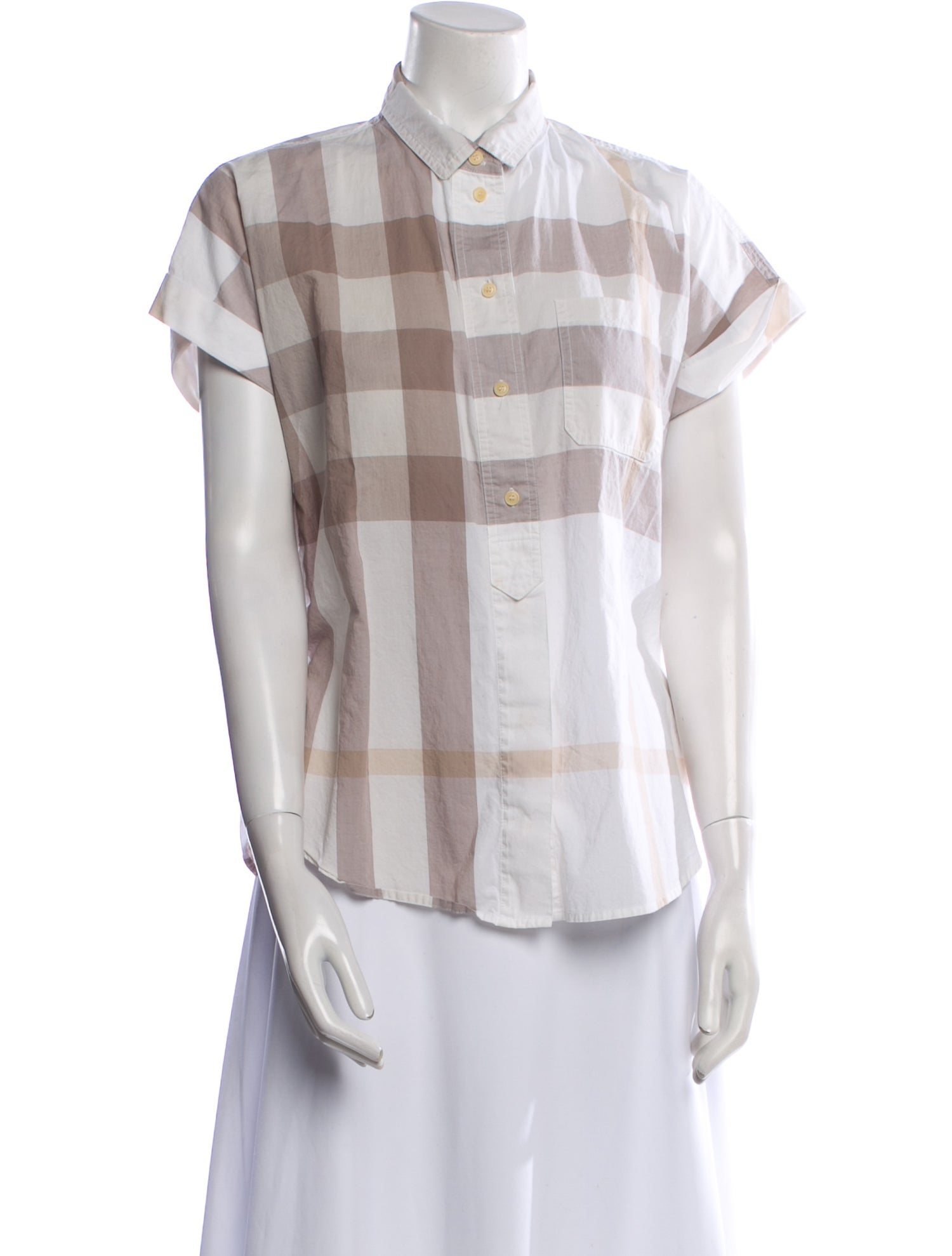 Burberry Brit Plaid Print Short Sleeve Button-Up Top