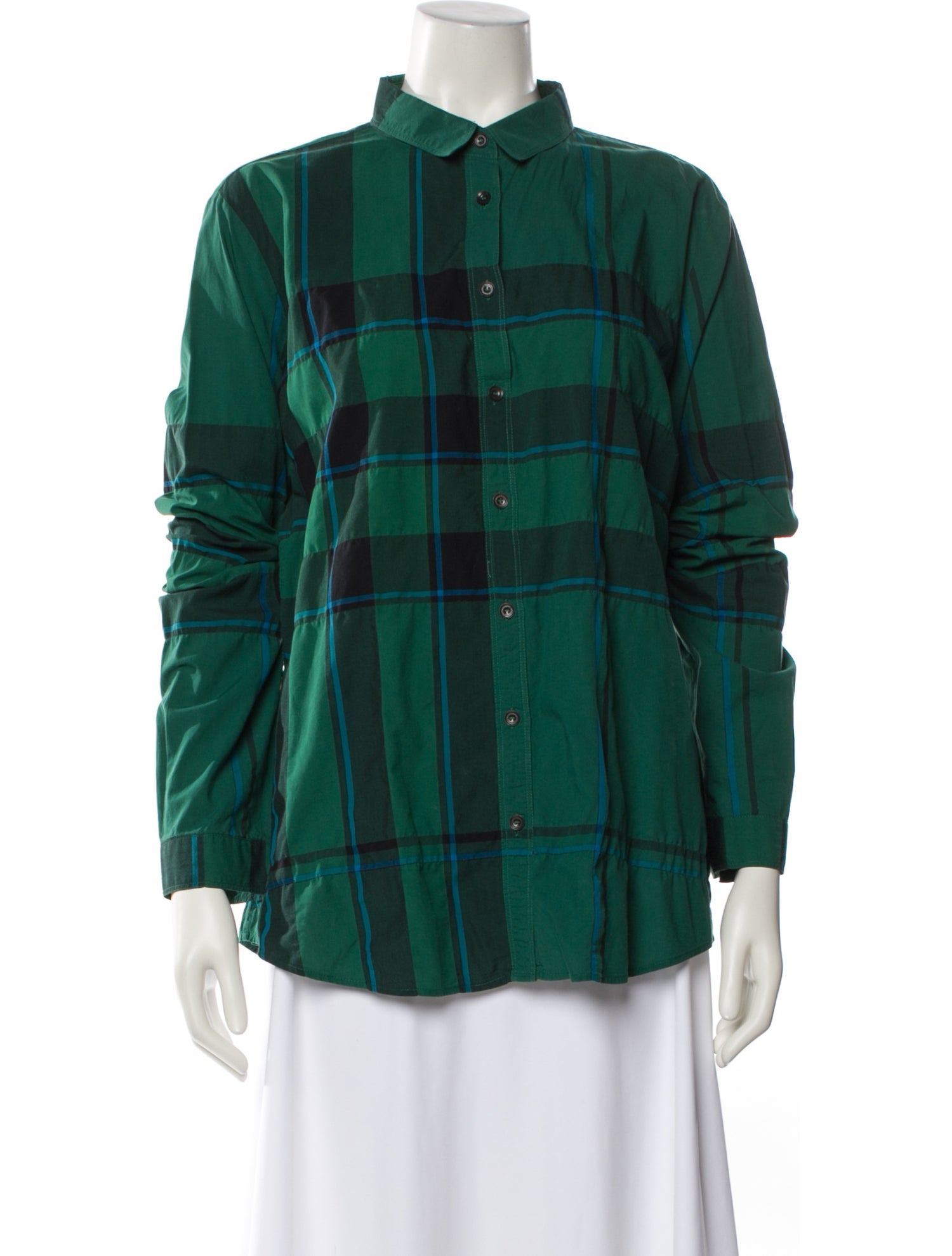 Burberry Brit Plaid Print Mock Neck Button-Up Top
