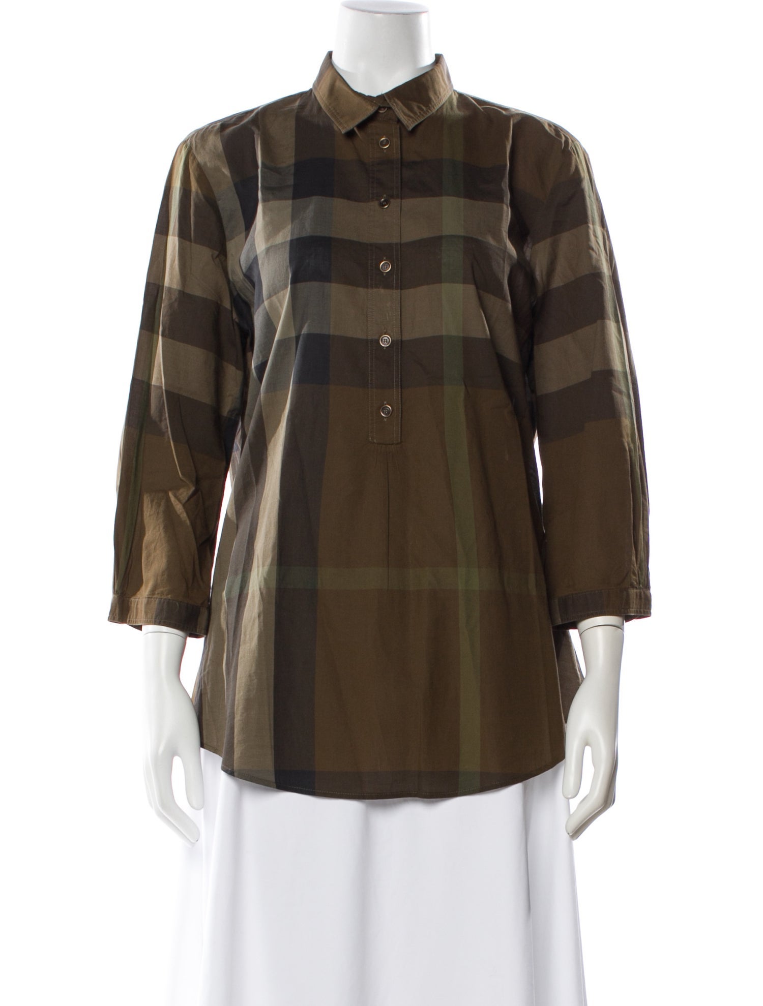Burberry Brit Plaid Print Three-Quarter Sleeve Button-Up Top