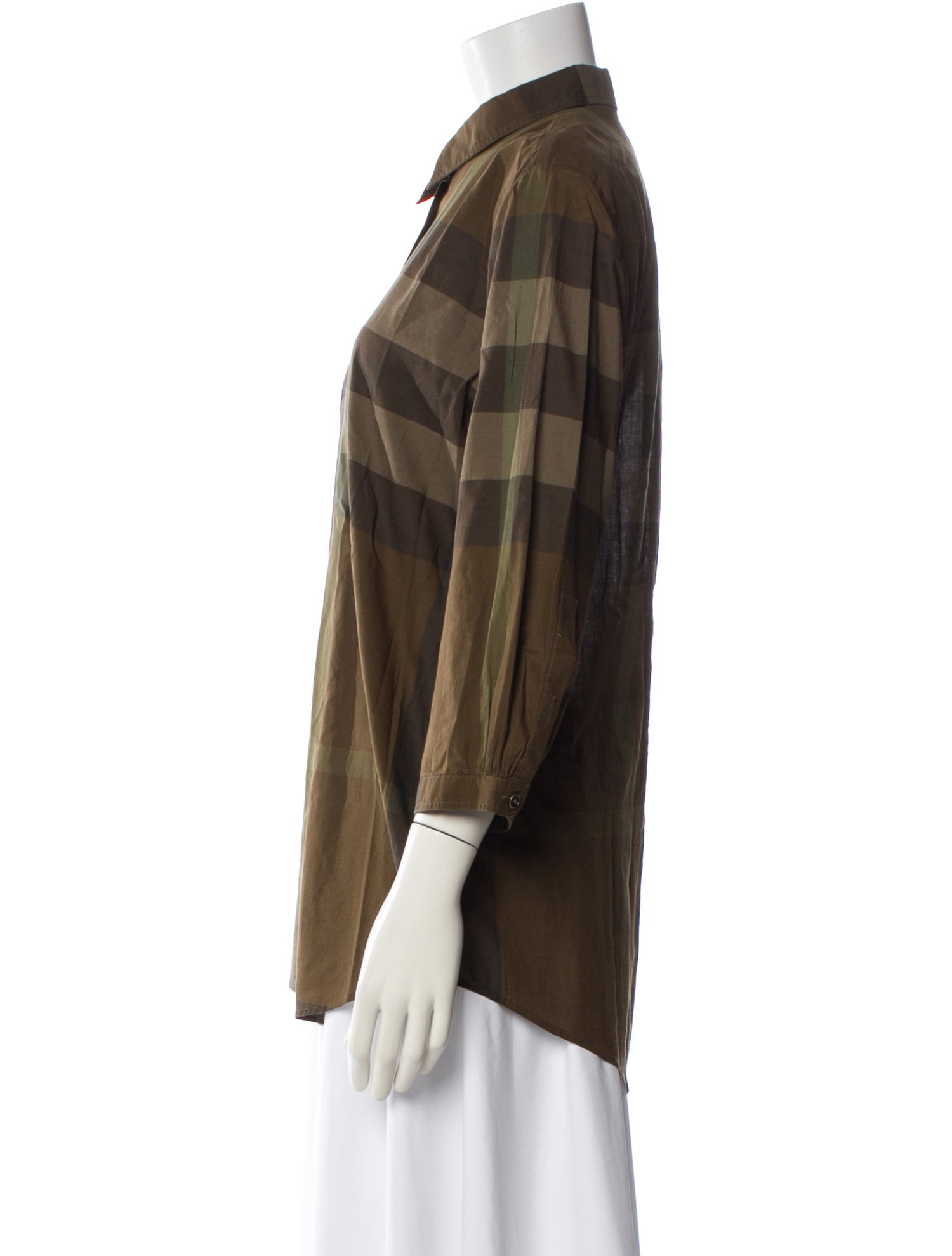 Burberry Brit Plaid Print Three-Quarter Sleeve Button-Up Top