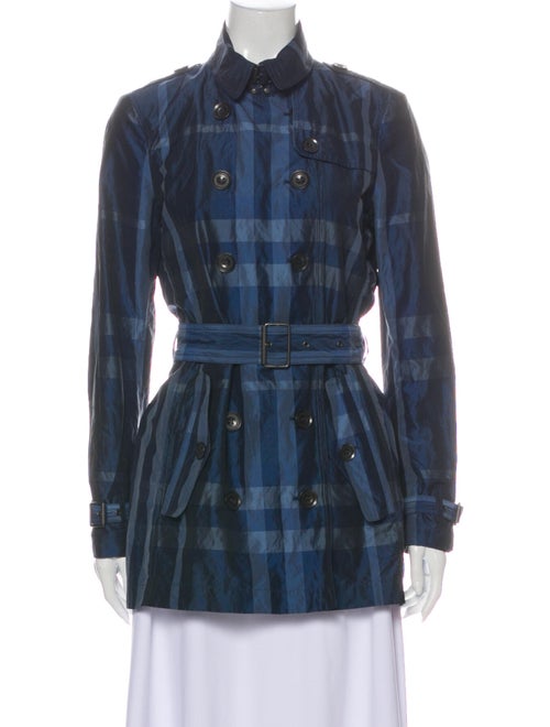 Burberry Brit Plaid Print Trench Coat Blue