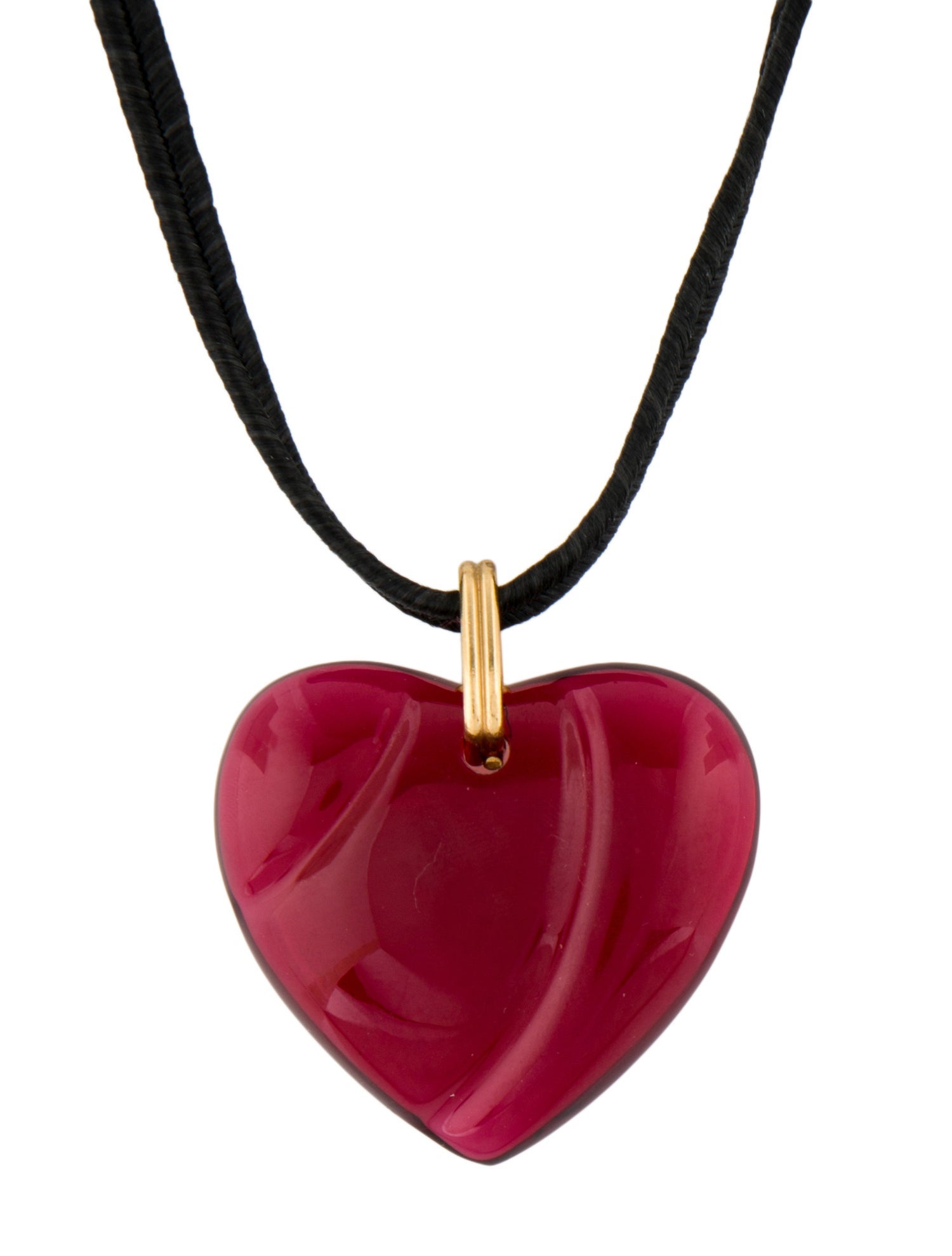 Baccarat Glass & Leather Carved Heart Pendant Necklace