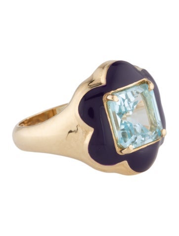Bea Bongiasca Signet Ring 9K Topaz & Enamel Floral Disco 6.5