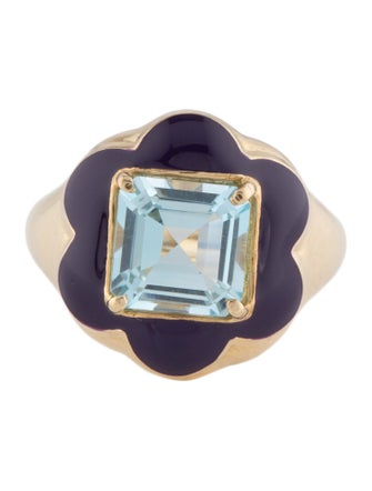 Bea Bongiasca 9K Topaz & Enamel Floral Disco Signet Ring