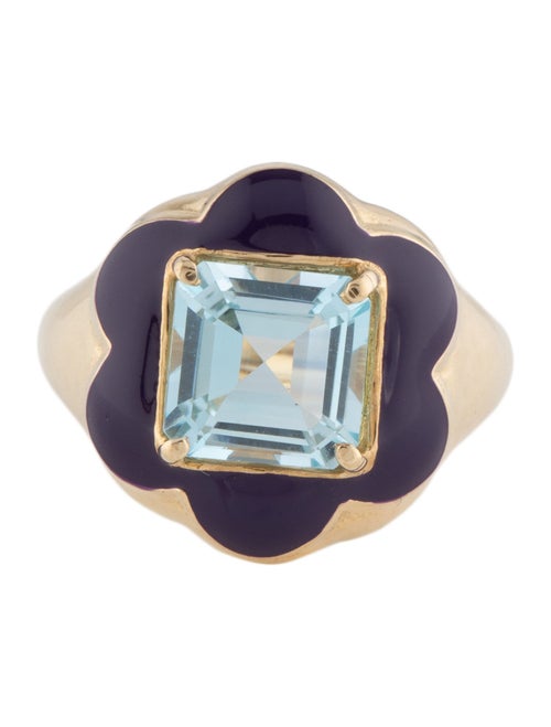 Bea Bongiasca 9K Topaz & Enamel Floral Disco Signet Ring
