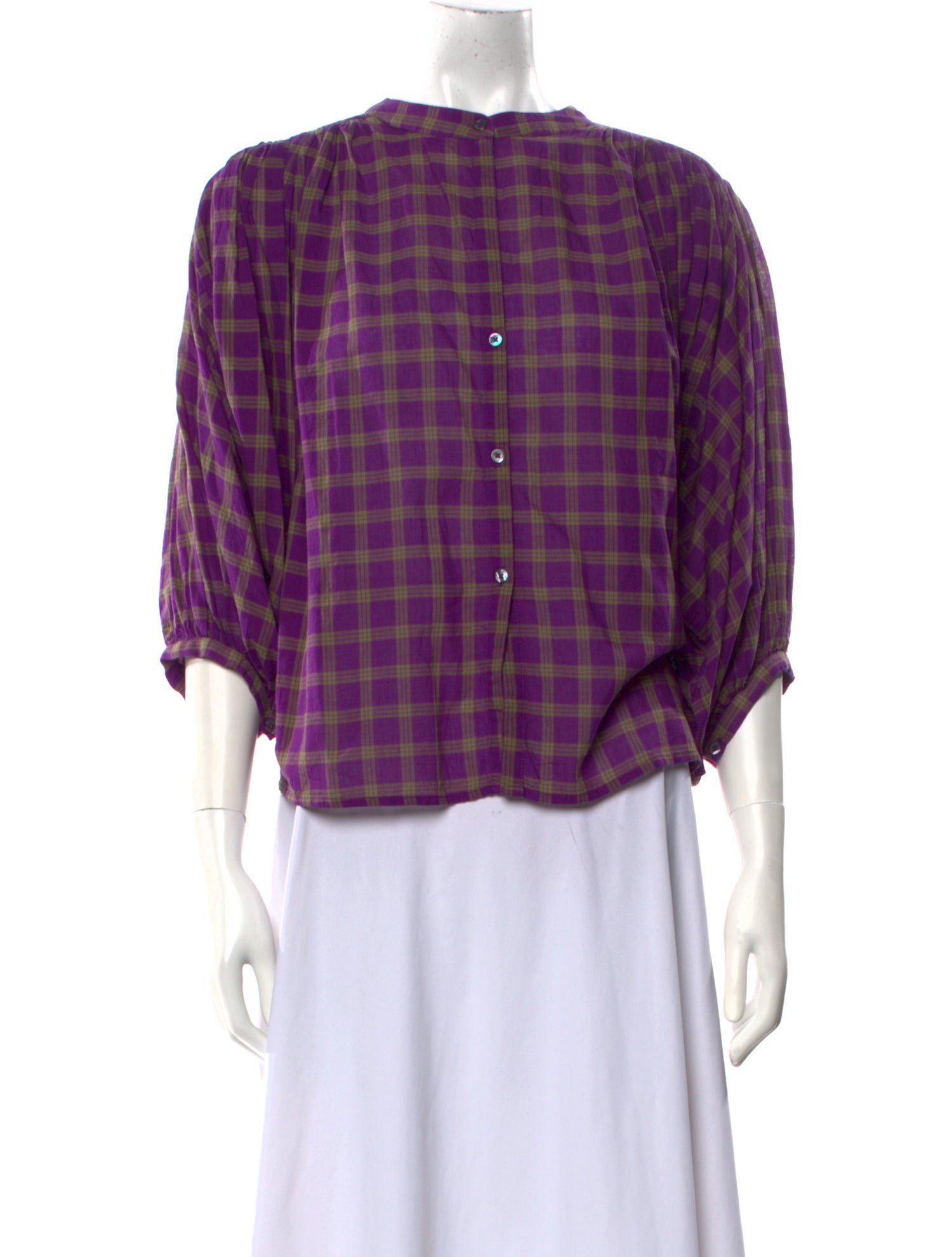 Bellerose Plaid Print Crew Neck Button-Up Top