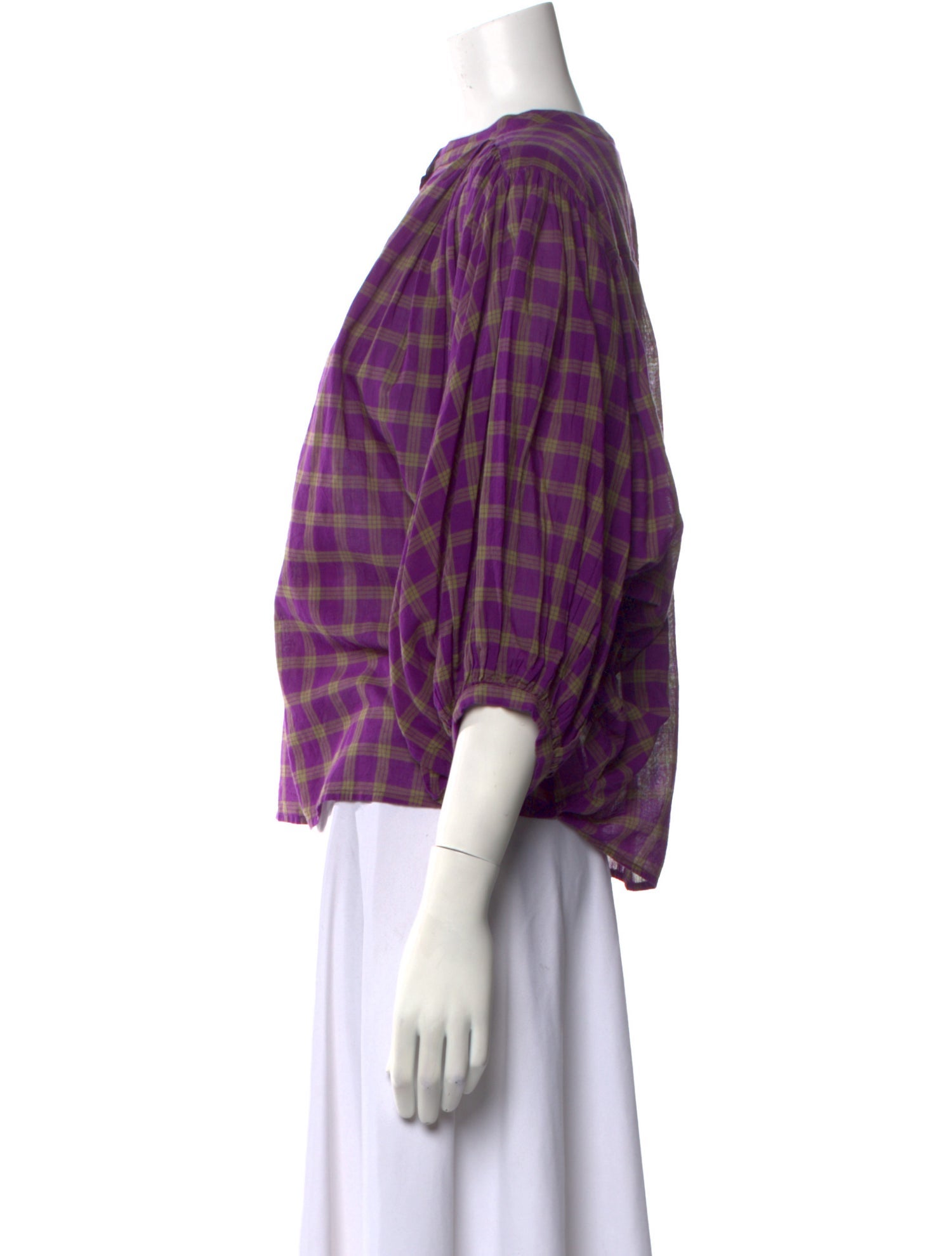 Bellerose Plaid Print Crew Neck Button-Up Top