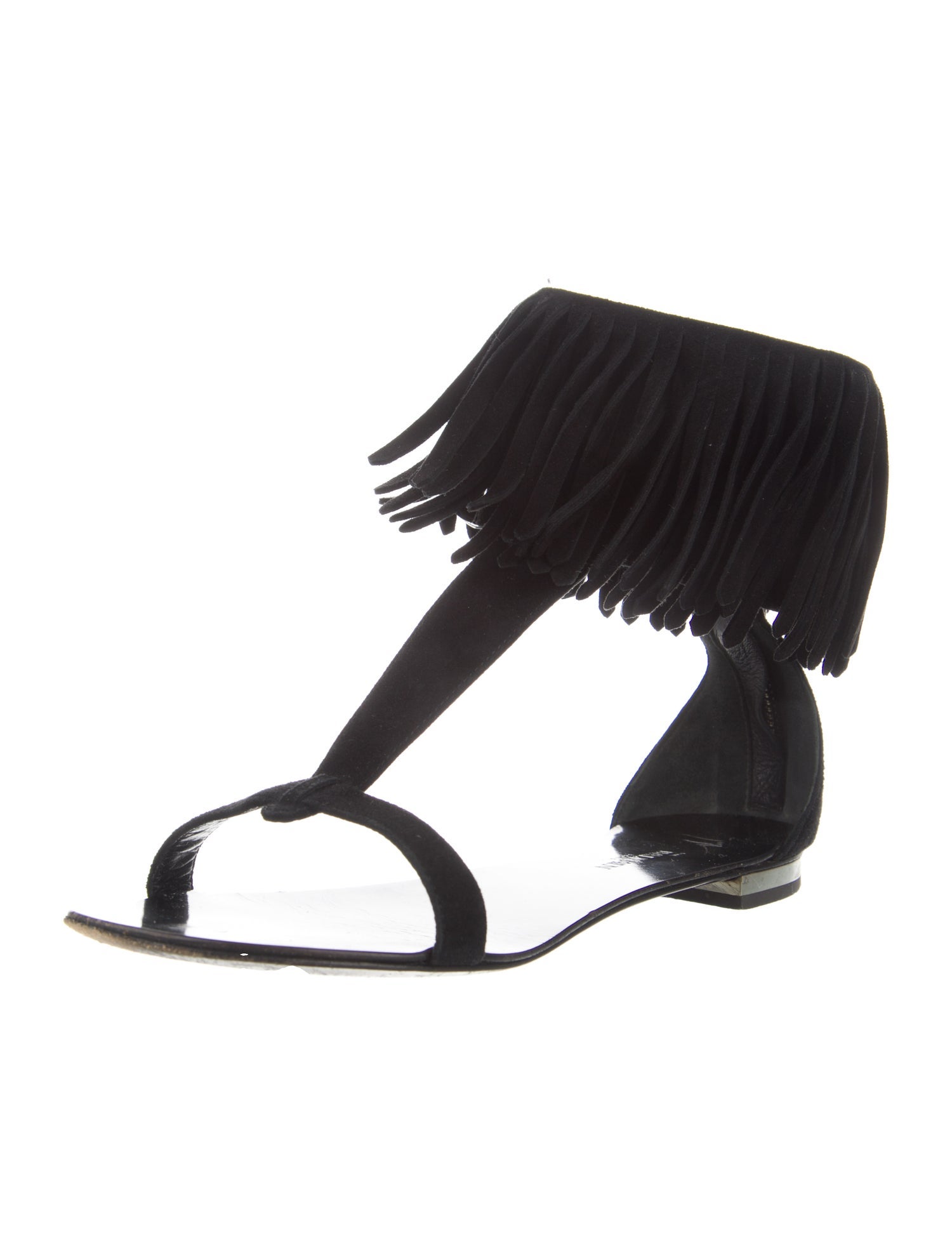 Giuseppe Zanotti x Balmain Suede Fringe Trim Accent T-Strap Sandals