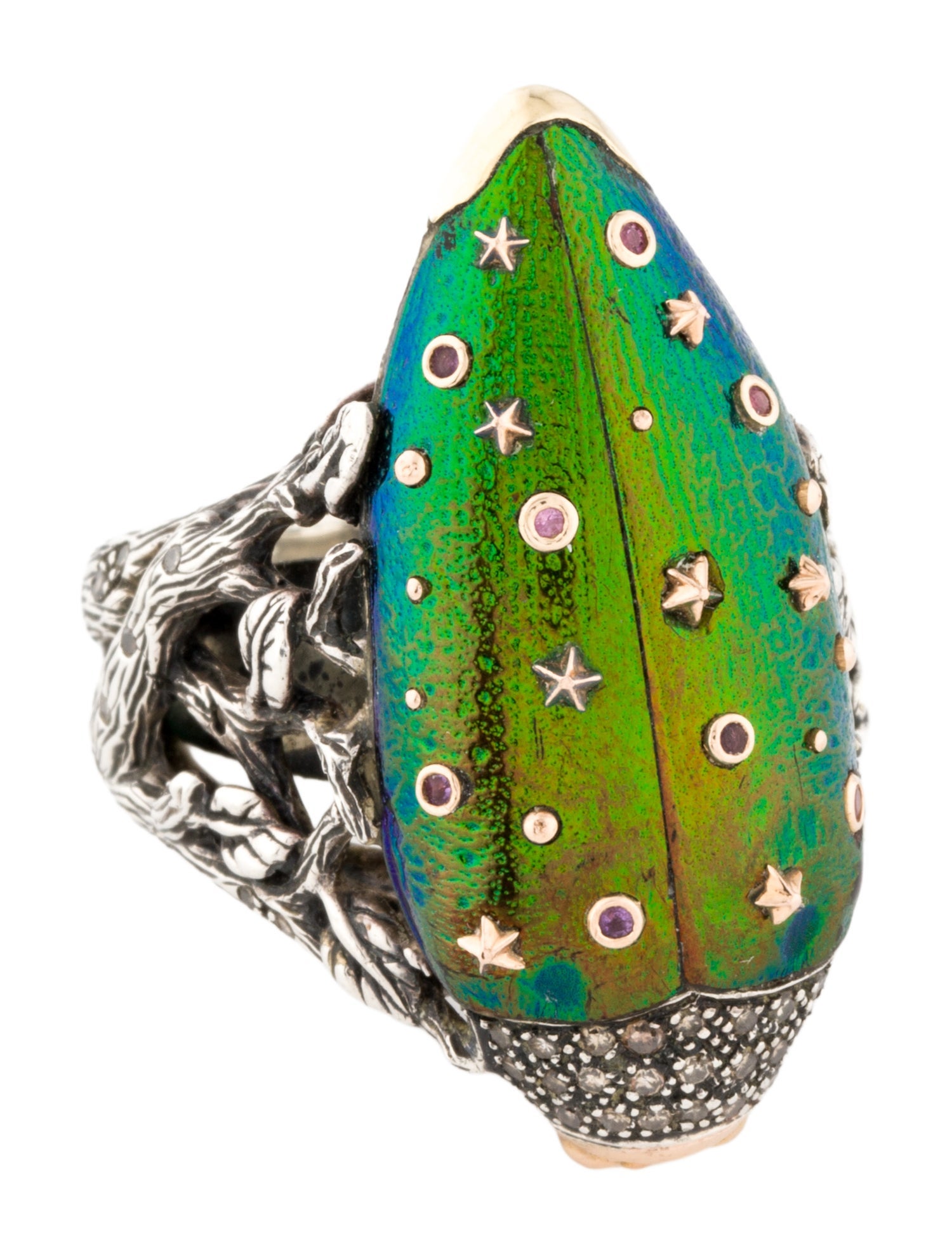 Bibi Van Der Velden Pink Sapphire, Amethyst, Tsavorite Garnet, & Diamond Enamel Scarab Cocktail Ring