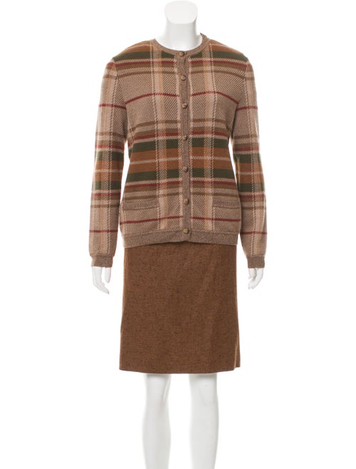 Bill Blass Plaid Cardigan Set Brown